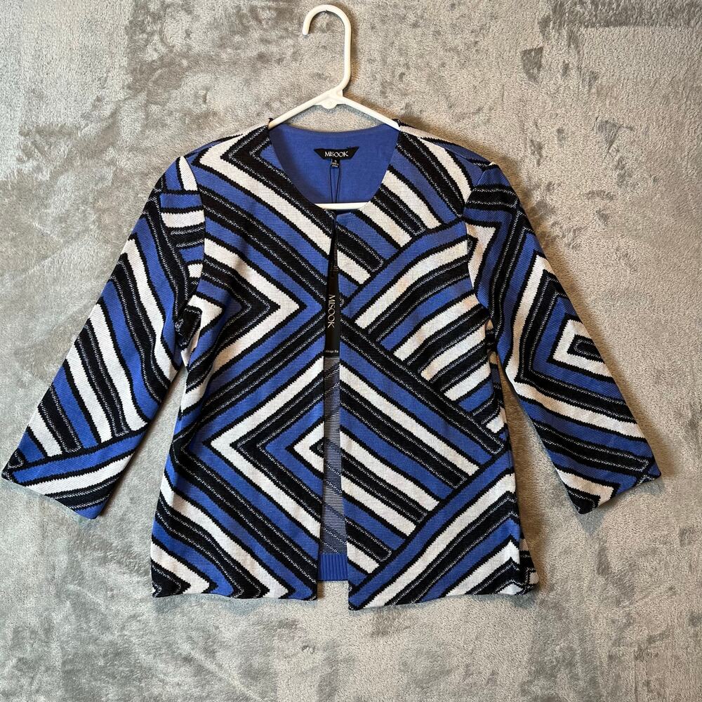 MISOOK Geometric Print Knit 3/4 Sleeves‎ Blazer Size Small Blue Heritage Fit New